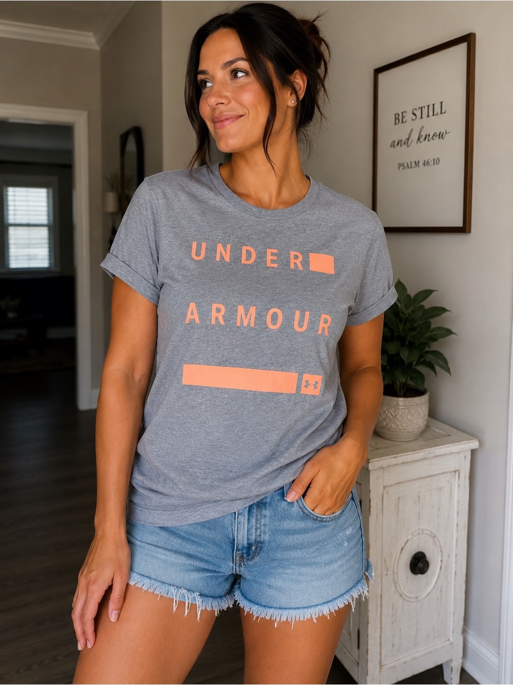Under Armour Gray Short Sleeve Tee with Coral Logo
